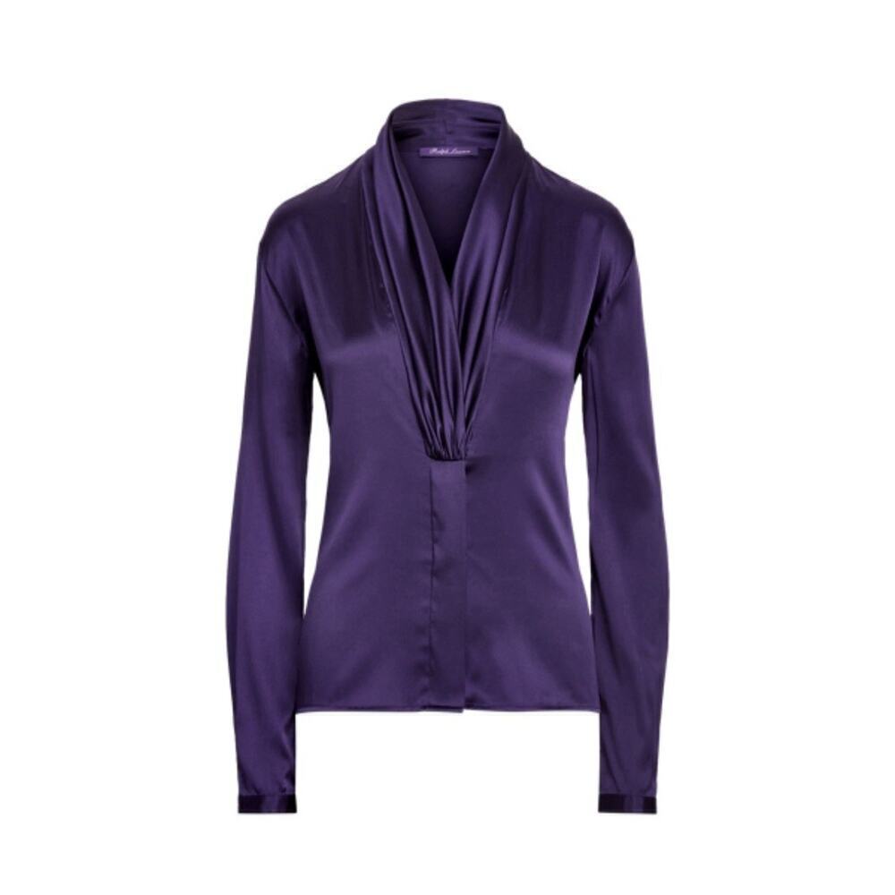 Ralph Lauren Collection Purple Label Silk Satin Blouse Plunge Shawl Collar XS S